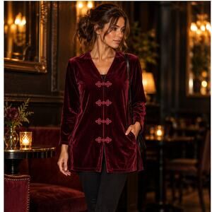 Vintage Burgundy Velvet Frog Closure Tunic Jacket Whimsigoth Romantic Goth S